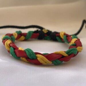 Ghana Flag Colors Braided Leather Handmade Bracelet Adjustable Wristband
